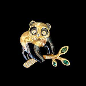 Vintage Swarovski Panda Bear on Branch Enamel & Rhinestone Brooch Pin